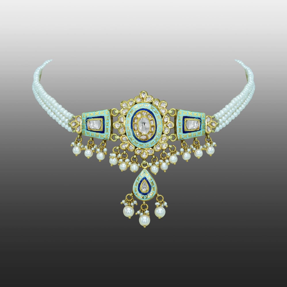 Mint Enamel Choker with Polki Diamonds and Pearls